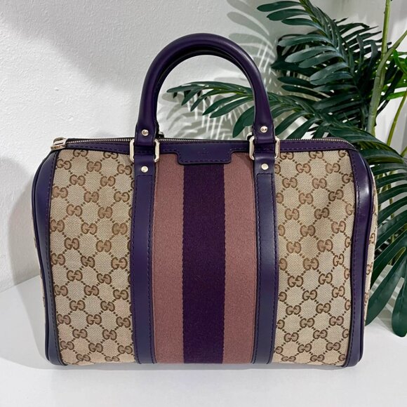 Gucci Purple Trimmed Monogram Canvas Boston Bag